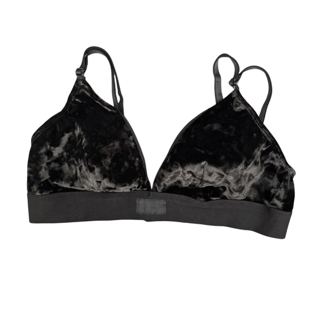 PINK Victoria's Secret Bralette Crushed Velvet Triangle Black Medium Y2K Lounge - Picture 2 of 10